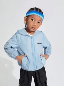 SHEIN Boys' Loose Fit Casual Knitted Hooded Jacket With Letter Print - Blue - View 5