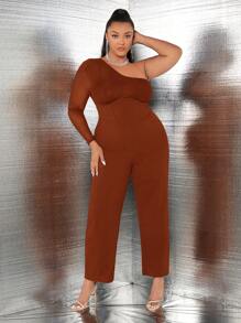 SHEIN SXY 大尺碼女式一肩網狀長袖連身褲 - 棕色 - 查看 5