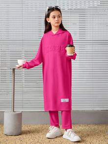 Cô gái Tween Thư dập nổi Thả vai áo có mũ Áo phông Dài & Quần - Màu Hồng Tươi - Xem 4