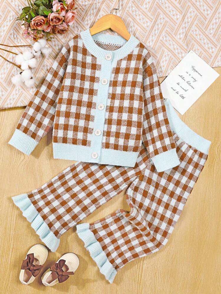 Little Girls' Plaid Cardigan & Knitted Pants Set