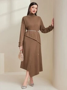 Modelyn 女士高领不对称下摆毛衣和针织裙套装 2 件套 - 咖啡棕 - 查看 4