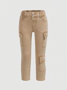 SHEIN Young Girl Jeans With Flap Pockets - Khaki - View 1