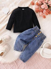 SHEIN 嬰兒男女純色t恤和牛仔褲套裝 - 粉色 - 查看 1