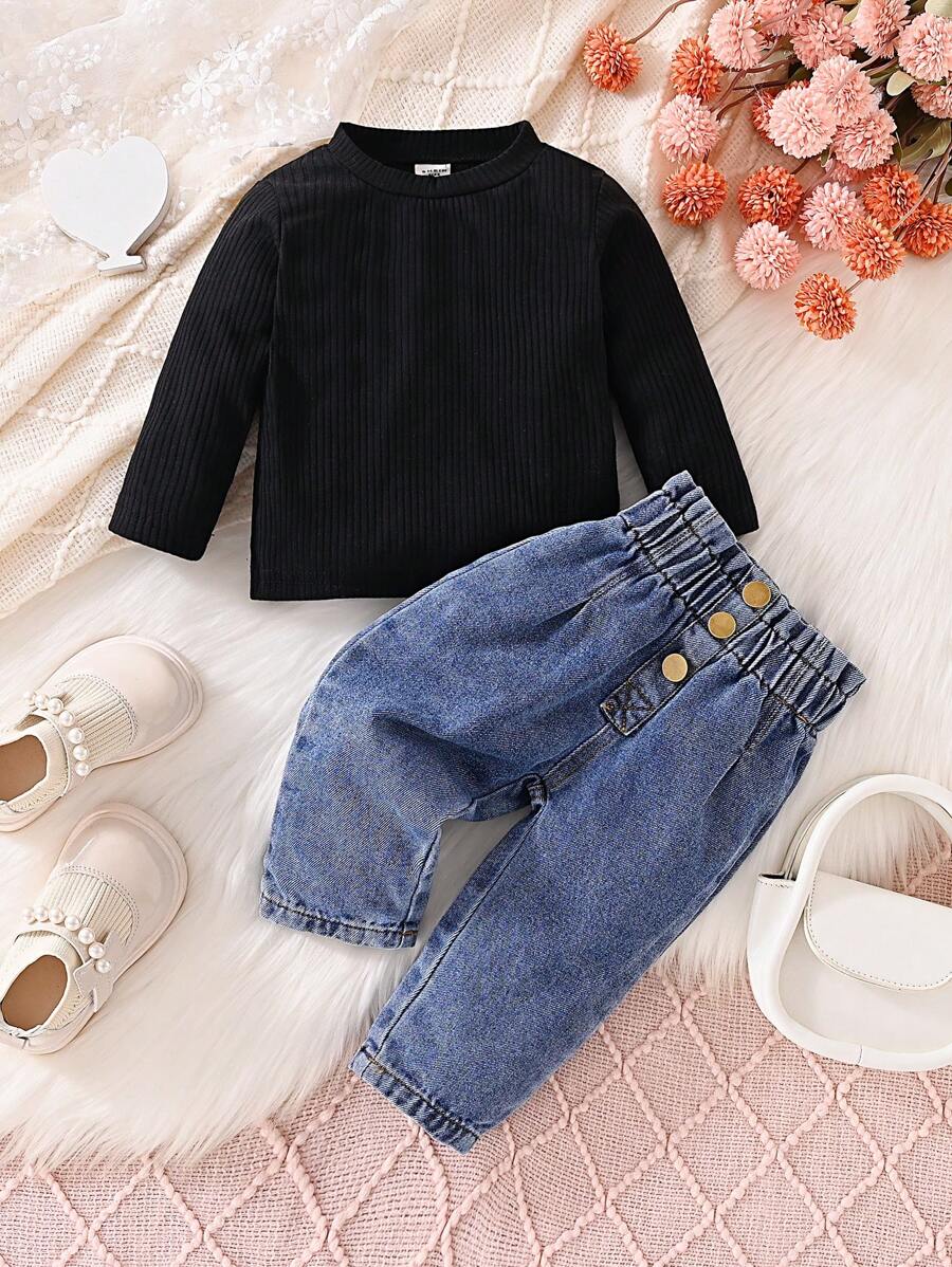 SHEIN 嬰兒男女純色t恤和牛仔褲套裝 - 粉色 - 查看 1