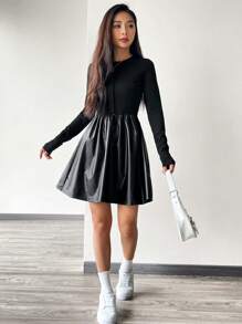SHEIN EZwear 純色圓領長袖女裝連衣裙 - 灰色 - 查看 5