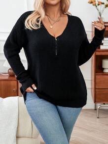 Calvaya Suéter De Hombros Caídos Con Media Tapeta Y Cremallera De Talla Grande