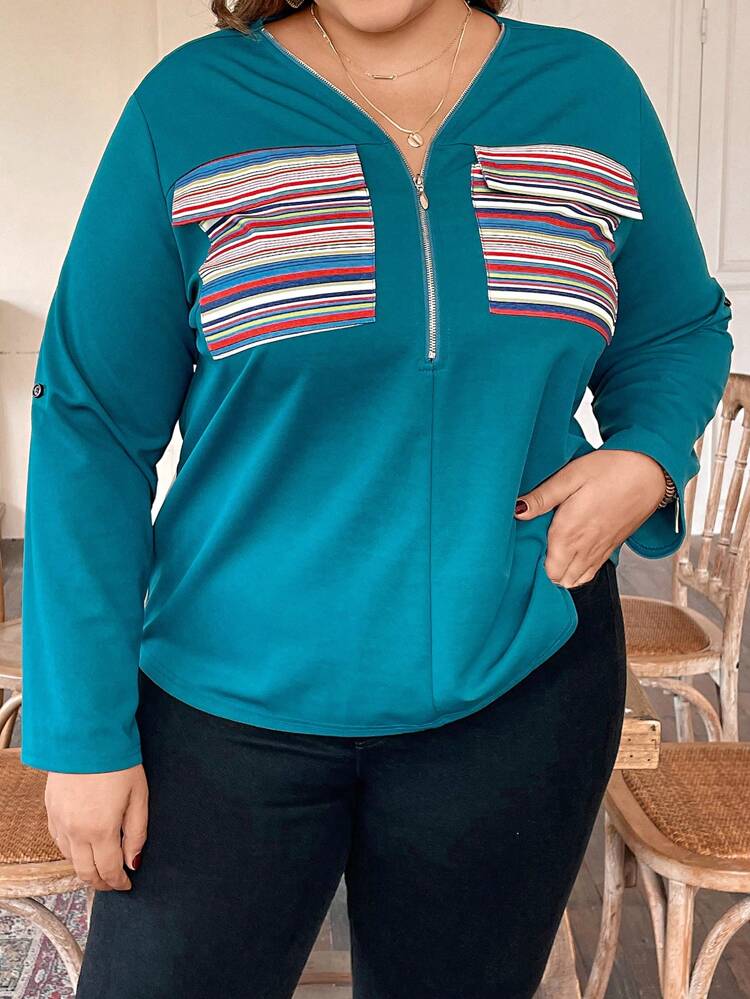 Plus Size Striped And Printed Patchwork Shirt With Roll-up Sleeves And Pocket
