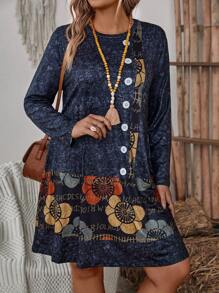 SHEIN Floral And Digital Printed Buttoned Long Sleeve Dress - Multicolor - View 4