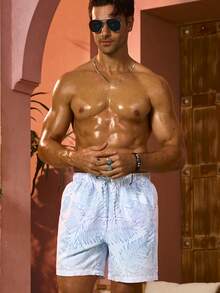 Manfinity 男士熱帶印花抽繩腰部沙灘短褲 - 彩色 - 查看 7