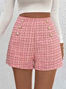 SHEIN Frenchy Kẻ sọc Chi tiết Nút Quần short - Hồng - Xem 5