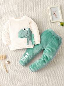 男童卡通恐龙刺绣毛绒连帽衫和裤子套装 - 綠色 - 查看 1