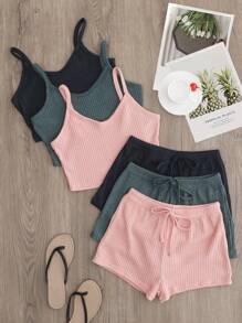 3pcs/set Solid Color Camisole Casual Outfit - Multicolor - View 2