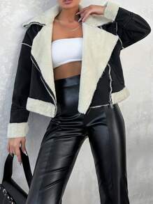 EURMUSE Large Collar Diagonal Zipper Women's Jacket - Dark Grey - View 4