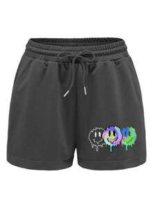 SHEIN EZwear Cartoon Graphic Drawstring Waist Shorts - Dark Grey - View 1
