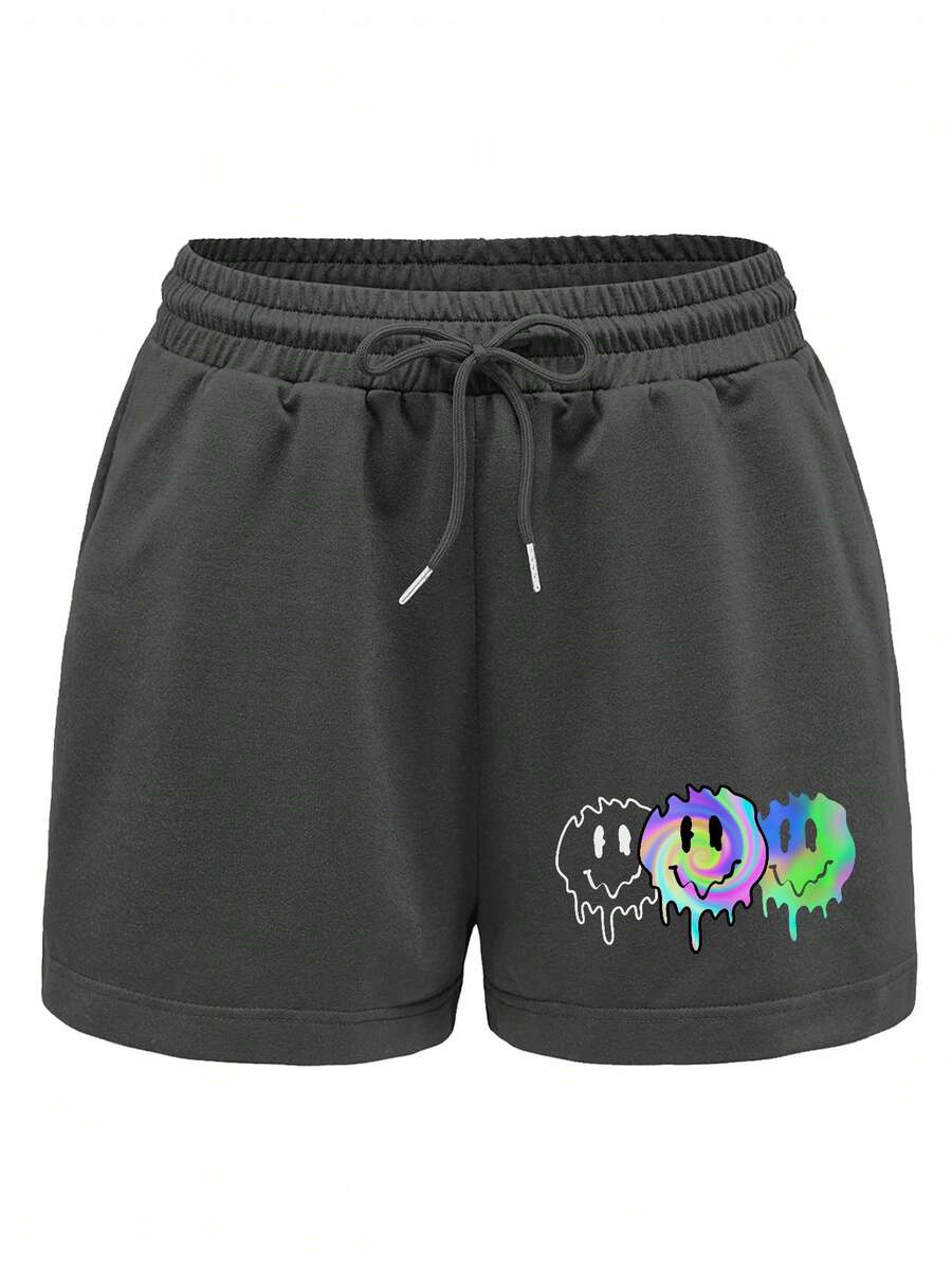 SHEIN EZwear Cartoon Graphic Drawstring Waist Shorts - Dark Grey - View 1