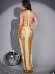 SHEIN SXY Conjunto De Dos Piezas Para Mujer Con Diseño De Flecos En El Top Estilo Halter Y Falda Con Huecos