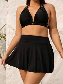 SHEIN Swim Curve 夏季海灘大尺碼游泳短裙 - 黑色 - 查看 4