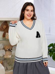 SHEIN EZwear Kích thước lớn Áo len Với Mẫu chữ , Sọc Chi tiết Và Viền tương phản - Màu be - Xem 5