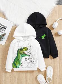 SHEIN Unisex Baby Casual Dinosaur Pattern Long Sleeve Hooded Sweatshirt 2pcs/set - Multicolor - View 1