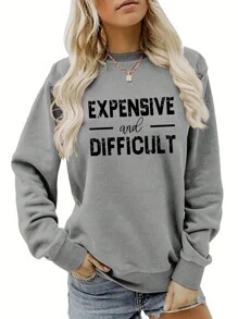 SHEIN EZwear 女款大尺碼灰色圓領字母印花長袖運動衫 - 灰色 - 查看 1