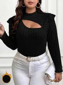 SHEIN Franclia Plus Cut Out Ruffle Trim Tee - Black - View 1