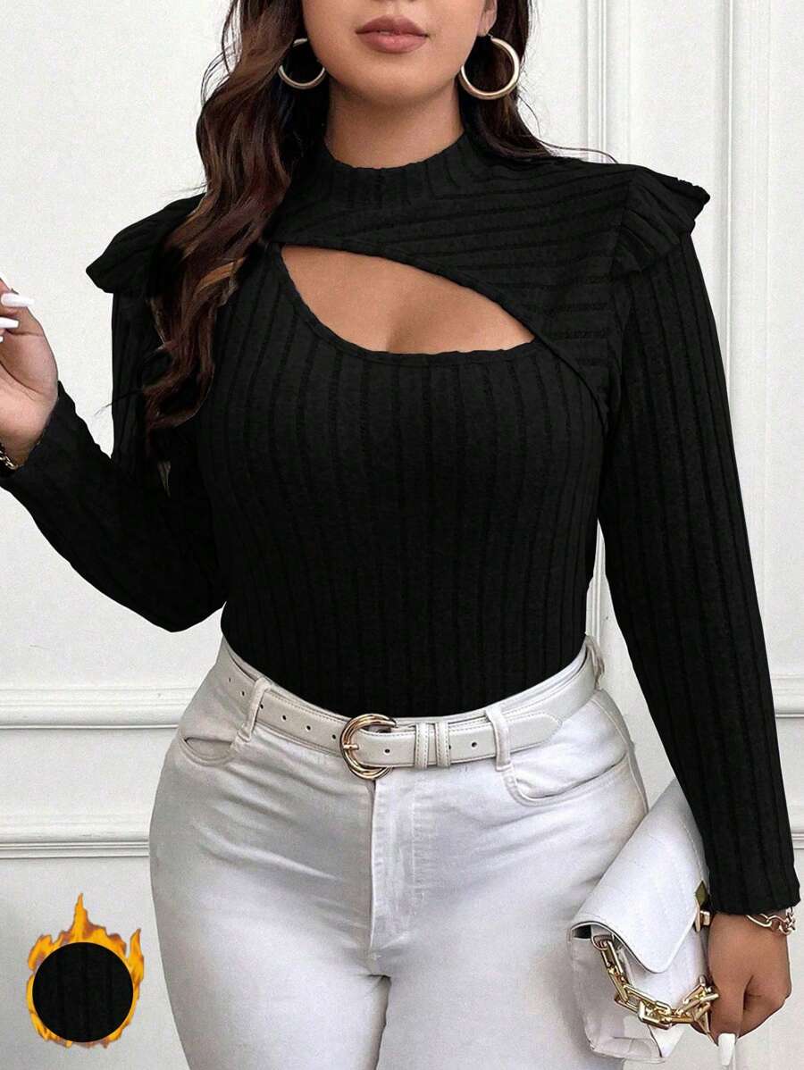 SHEIN Franclia Plus Cut Out Ruffle Trim Tee - Black - View 1