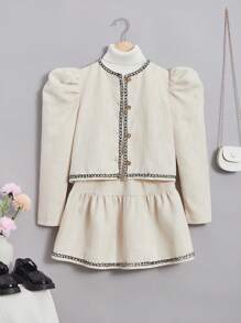 SHEIN 青少女學院風泡泡袖正面紐扣上衣和裙子套裝 - 白色 - 查看 3