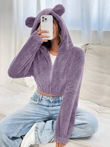 SHEIN EZwear Women's 3d Ear Hooded Jacket - Lilac Purple - View 5