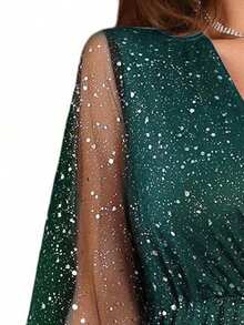 Contrast Mesh Lantern Sleeve Overlap Collar Sequin Detail Dress - Green - View 6