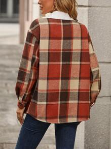 SHEIN LUNE Women's Checked Color Block Collar, Lapel, Flap Pocket Woolen Coat Fall Cloth For Women