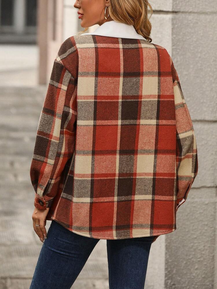 Women's Checked Color Block Collar, Lapel, Flap Pocket Woolen Coat Fall Cloth For Women
