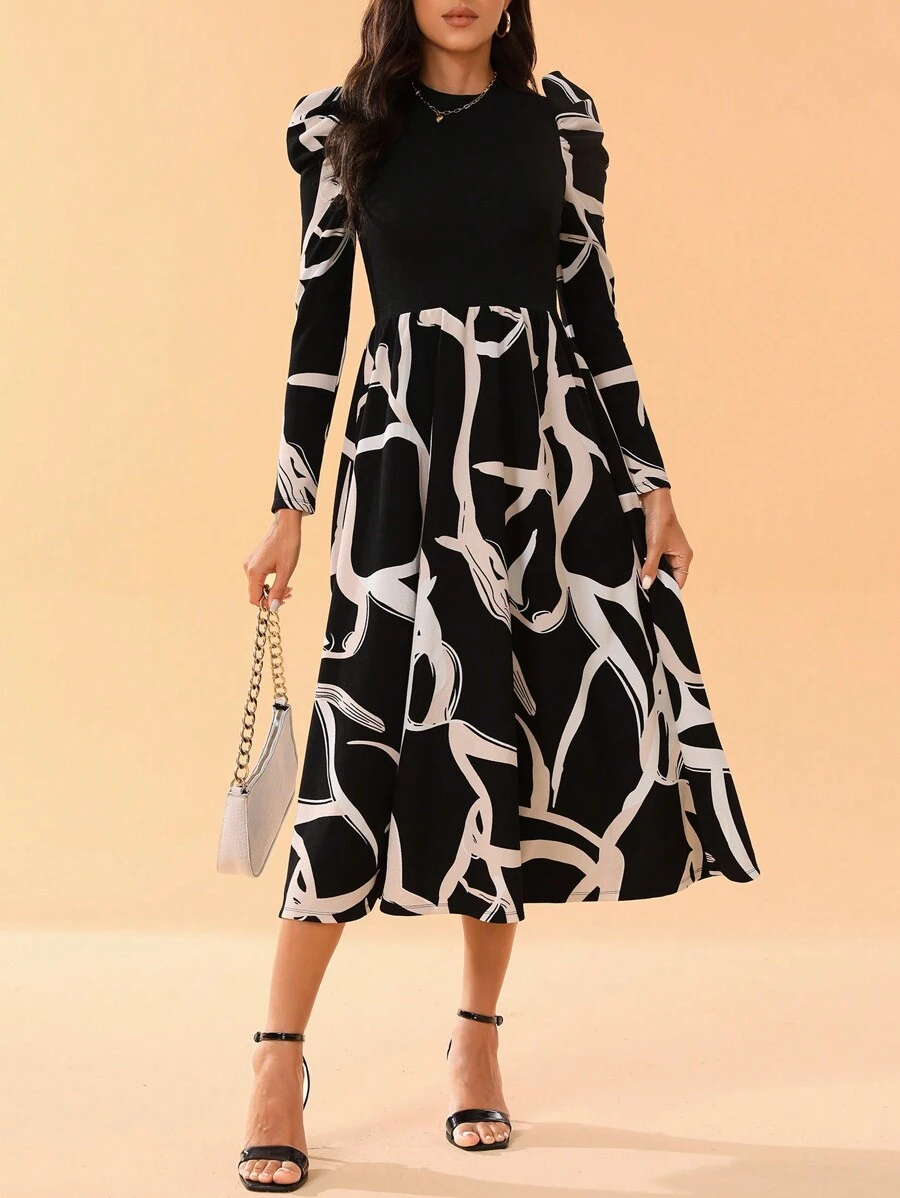 SHEIN Tall Của phụ nữ Vá lại In Ống tay áo Đầm - màu đen - Xem 1
