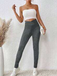 SHEIN LUNE 寬腰帶緊身打底褲 - 深灰色 - 查看 3