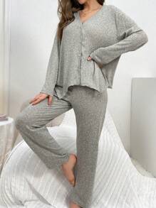 Women's Button-Up Long Sleeve Top And Pants Pajama Set Outfit