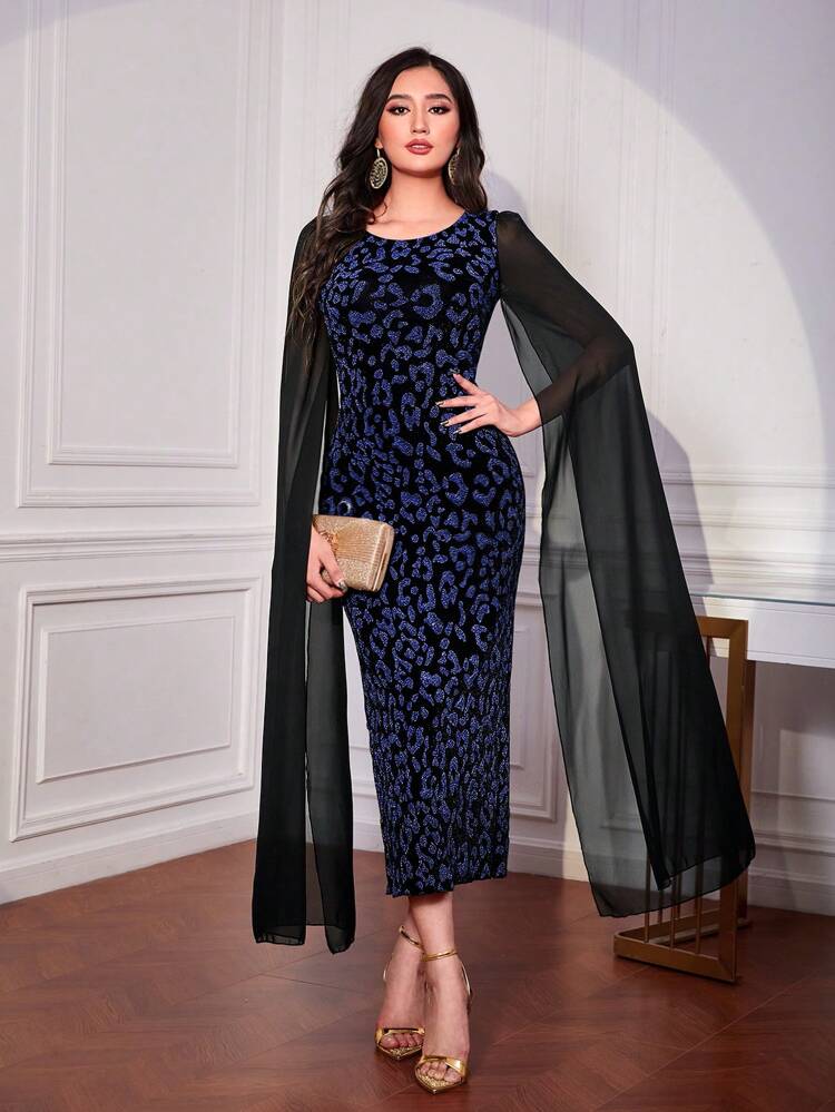 Women's Sheer Cape Long Sleeve Leopard Jacquard Bodycon Dress