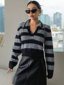 Dazy Designer Của phụ nữ Sọc Áo len Với Quay xuống Vòng cổ Và Thả vai - Nhiều màu - Xem 9