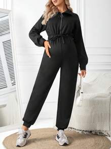 SHEIN Maternity Half Zipper Jumpsuit - Black - View 5