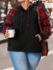 SHEIN CURVE+ Women'S Plus Size Plaid Patchwork Raglan Sleeve Sweatshirt With Drawstring - Black - View 3