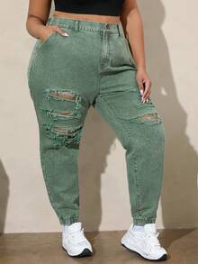 SHEIN CURVE+ Plus Size Distressed Denim Jeans - Green - View 3