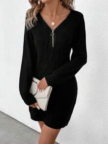SHEIN LUNE Zip Half Placket Sweater Dress - Black - View 4