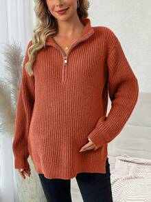 SHEIN 孕婦裝 磚紅色針織開衩毛衣 - 橘色 - 查看 4