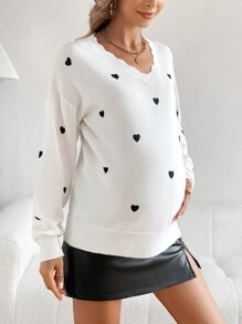 SHEIN Có thai Của phụ nữ Love Mẫu lột vỏ Cắt tỉa Bỏ khỏi vai Áo len - trắng - Xem 3