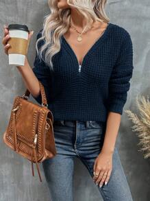 SHEIN LUNE Women's Solid Color Zipper Sweater - Navy Blue - View 6