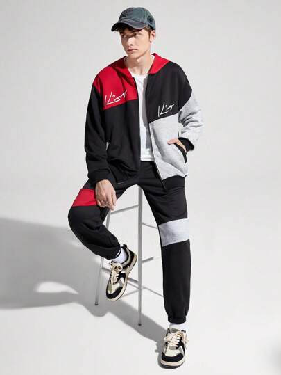 SHEIN 青少年男孩休閒舒適連帽衛衣和運動褲套裝,印花和色塊細節呈現