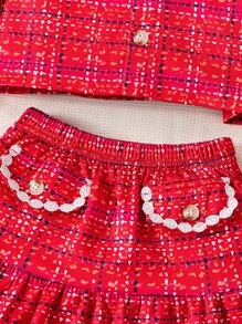 SHEIN 2 cái/bộ Cô gái Kiểm tra in Vòng cổ Áo len Mở Với Hoa Đồ trang trí Túi giả Áo Và Giải trí Xù Hoa Sen Váy Đối với Mùa Thu Với mũ - Đỏ - Xem 5