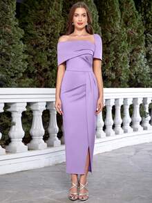 Vestido elegante asimétrico de hombros abiertos con volantes y abertura, verano - Morado - Ver 4