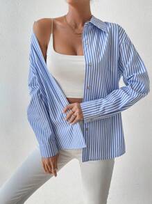 SHEIN Essnce 條紋印花落肩袖襯衫 - 藍色 - 查看 4