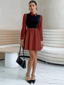 SHEIN Essnce Women's Contrast Color Patchwork Long Sleeve Turn-down Collar Dress - Red and Black - View 4