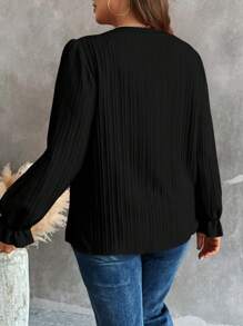 Vionelle 大碼純色v領燈籠袖襯衫,帶蕾絲下擺,時尚百搭 - 黑色 - 查看 2