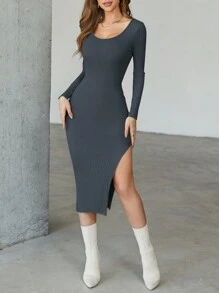 Cottnline Women's Split Hem Sweater Dress With High Neckline - Dark Grey - View 1